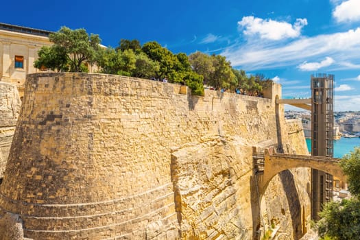 View of the Barrakka lift and fortified walls of Valletta, Malta
