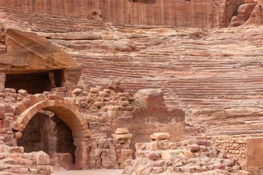 Closeup view of the Theater at Petra archaeological site. Jordan. Horizontally. 