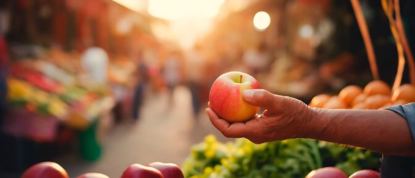 Red apple in the foreground, regional market background out of focus. green lifestyle. Conscious consumption concepts. Traditional markets. Organic and natural products