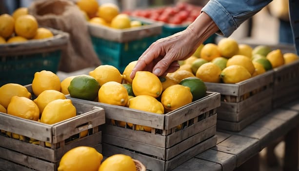 Fresh green and yellow lemons displayed at the local market. Green lifestyle. Conscious consumption concepts. Traditional markets. Organic and natural products