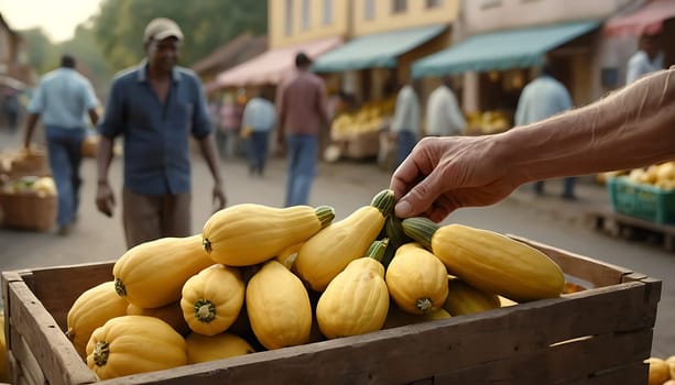 Close up of just picked squashes in a farmer market in blurred background.Sustainable habits in everyday urban life.Sustainable Lifestyle concept. Regional markets. Products from the garden to the table