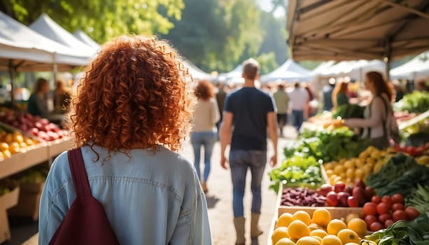 Young woman walking through the local market .Traditional markets with natural and healthy products. Conscious consumption concepts .Copy sapce. Eco-friendly concept.