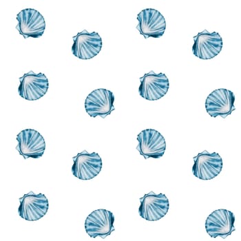 Shell pattern watercolor. Hand drawn illustration of a clam on an isolated background. Drawing of sea blue ocean shell. Marine and ocean fauna. Underwater life. High quality photo