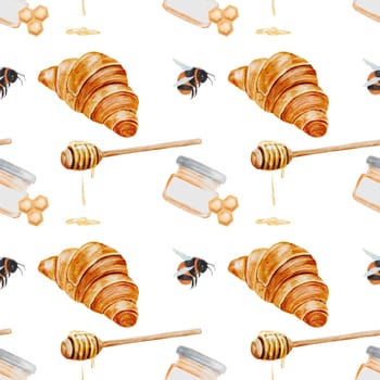 Pattern honey and bees watercolor. Hand drawn seamless pattern. Clip art food. Ideal drawing for organic store packaging and kitchen textiles. High quality illustration