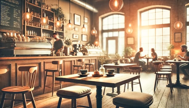 A trendy loft-style cafe filled with natural sunlight, featuring high ceilings, exposed brick walls, and stylish industrial decor. Perfect for coffee enthusiasts, creative workspaces, or social gatherings.