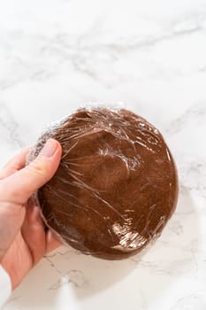 Formed dough disk wrapped in plastic wrap, ready for chilling to set flavors and consistency.