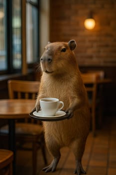 Meet adorable capybara barista, elegantly balancing a tray with a steaming cup of coffee
