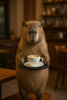 Meet adorable capybara barista, elegantly balancing a tray with a steaming cup of coffee