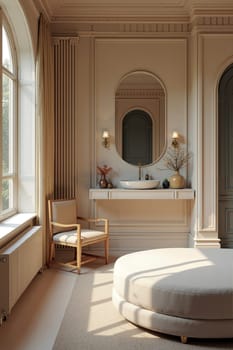 Soft sunlight streams into the spacious room, highlighting the clean lines of the vanity, round seating, and elegant wall treatments. Generative AI.
