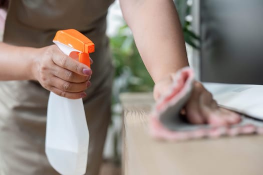 A close-up of a person diligently cleaning a surface with a spray bottle and cloth, emphasizing the importance of cleanliness in home care.