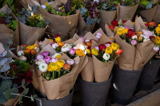 Colorful persian buttercup flowers or Ranunculus asiaticus bouquets in a greek flower shop. Horizontal. Daylight.
