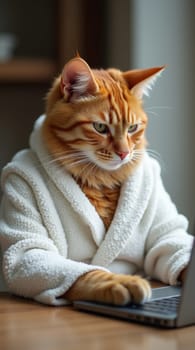 Cute ginger cat wearing a cozy white bathrobe, sitting at a wooden table, working diligently on a laptop in a comfortable home office setting
