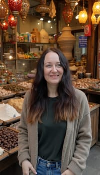 Young woman tourist with long brown hair smiling in the Spice Bazaar or Egyptian Bazaar, a famous covered market in Istanbul, Turkey, full of spices, nuts, turkish delights and lamps