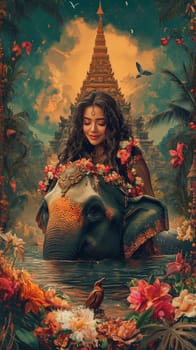 Young woman wearing traditional indian clothing with an elephant in a sacred pond with colorful flowers, a small bird and Angkor Wat in the background at sunset