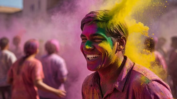 Young man smiling during holi festival, covered in colored powder, with other blurred people in the background also celebrating and throwing colored powder