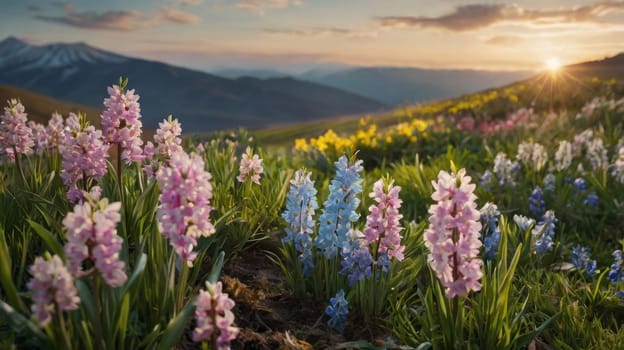 Beautiful rhodohypoxis baurii flowers blooming in spring with unopened purple tulips in the background, creating a vibrant and colorful scene
