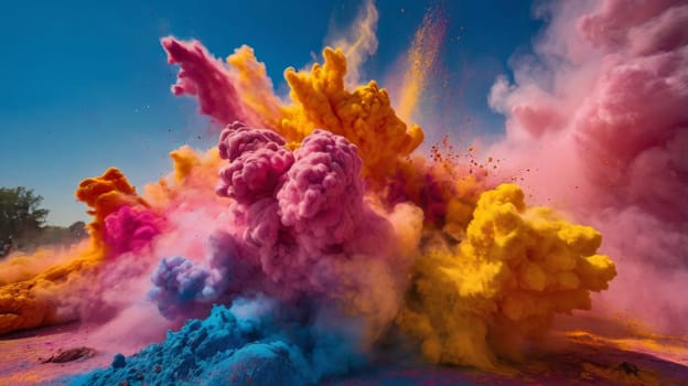 Colorful powder paint exploding in the air, creating a vibrant and dynamic scene against a blue sky, ideal for backgrounds or any project needing a touch of color and energy