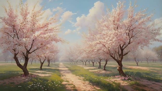 Rows of blossoming trees with delicate pink flowers create a picturesque path through a vibrant orchard, basking in the soft sunlight of a beautiful spring day