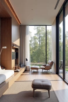 A stylish room showcases minimalistic design, featuring large windows that illuminate the space and provide a serene view of greenery outside. Generative AI.