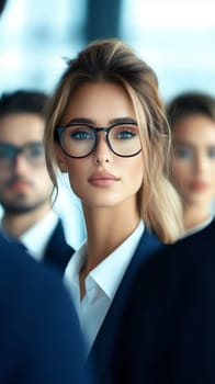 A young woman wearing stylish glasses stands confidently in a corporate environment. Colleagues are subtly visible behind her, creating a professional atmosphere during a meeting.