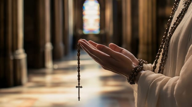 A person is holding a rosary in their open hands, surrounded by majestic cathedral architecture. The soft light from stained glass windows creates a serene atmosphere for reflection.