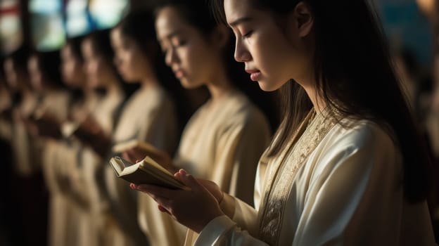 A group of young women in traditional clothing are engaged in a solemn ceremony, reading sacred texts. Soft light enhances the peaceful atmosphere in the background, creating a reflective mood.