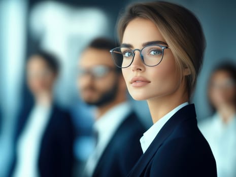 A confident professional woman wearing glasses stands in the foreground of a modern office. Behind her are blurred colleagues engaged in discussion, emphasizing teamwork and collaboration.