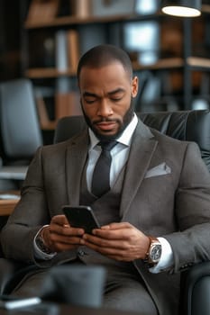 A man in a tailored suit is seated in a stylish office, focused on his smartphone. The space features contemporary decor and a warm atmosphere, suggesting a productive afternoon work environment.