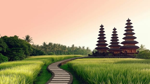 Lush green rice fields stretch alongside a winding path leading to three iconic temples as the sun sets, creating a serene and picturesque view in Bali, Indonesia.