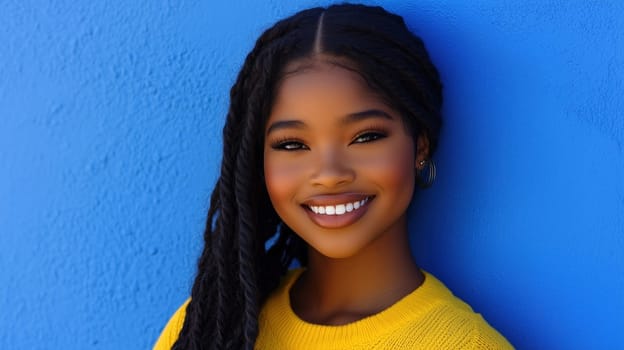 A cheerful girl with long braids stands against a vibrant blue wall, wearing a yellow sweater. Her radiant smile exudes happiness, capturing the essence of a sunny day outdoors.