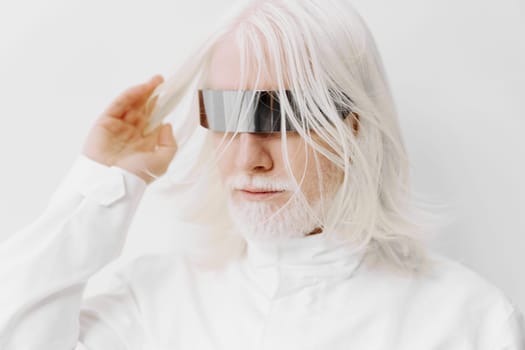 A futuristic individual with striking long white hair and a beard, wearing glossy black eyeglasses The minimalist white background enhances the modern, avant garde theme, symbolizing innovation