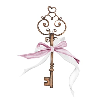 Vintage key watercolor. Hand drawn bronze key with pink bow on isolated white background. Clip art shabby chic. Ideal for posters, postcards and blog design. High quality illustration