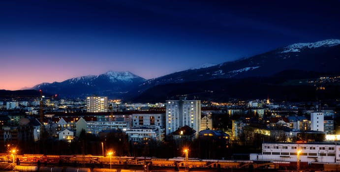 View over Innsbruck city at the blue hour