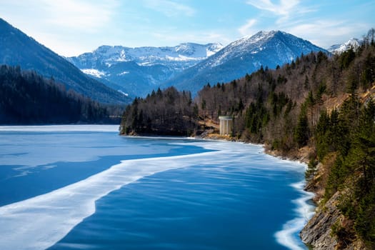 Frozen Sylvensteinspeicher barrier lake in Bavaria