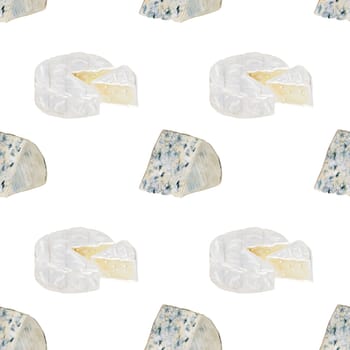 Cheese watercolor pattern. Hand drawn illustration brie, camembert, dor blue. Clip art of food on white background. Ideal for packaging of farm organic product or restaurant menu design. High quality illustration