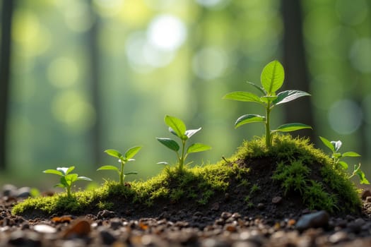 New seedlings grow from moist soil covered in moss, surrounded by soft sunlight filtering through trees in a tranquil forest setting - Growth and success concept - Generative AI.
