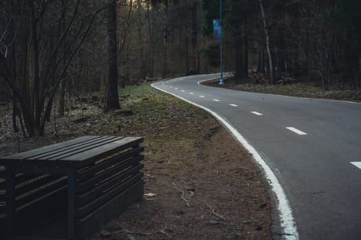An empty curved asphalt road runs through a forest with a wooden bench and street lamp along the side, surrounded by bare trees in early spring.