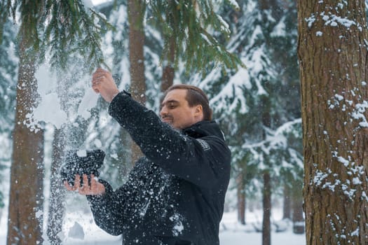 Smiling man in black winter jacket shaking snow from evergreen branch in a snow-covered forest with tall trees