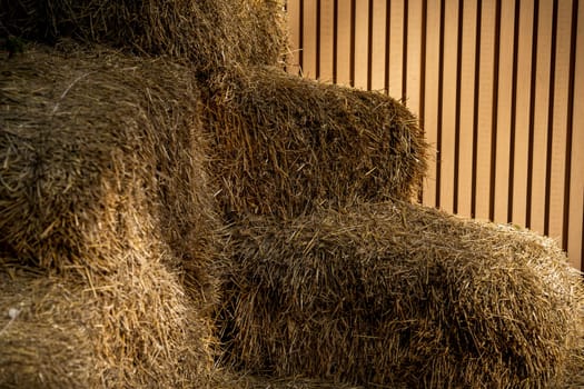A detailed view of several tightly packed hay bales stacked in front of a vertical wooden panel wall in warm lighting.
