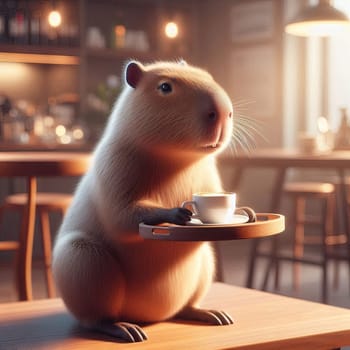 Meet adorable capybara barista, elegantly balancing a tray with a steaming cup of coffee!