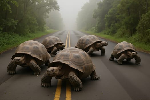 Group of tortoises crossing road symbolizes slow resilience and determination. AI generation.