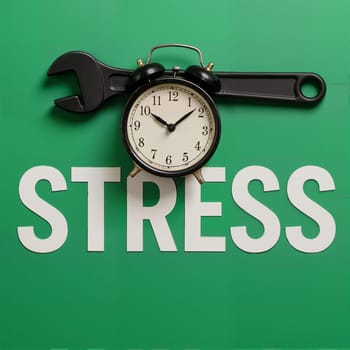 Wrench and clock arrow pierce STRESS text representing pressure. AI generation.