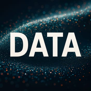 Bold data text surrounded by dynamic particles represents digital information. AI generation.