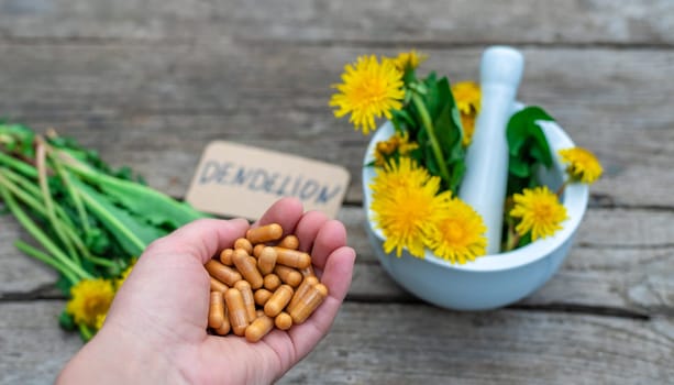 Dandelion extract and homeopathic supplements. Selective focus. nature.