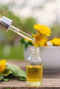 Dandelion extract and homeopathic supplements. Selective focus. nature.