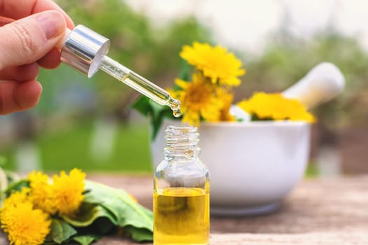 Dandelion extract and homeopathic supplements. Selective focus. nature.