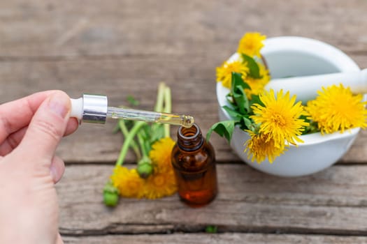 Dandelion extract and homeopathic supplements. Selective focus. nature.