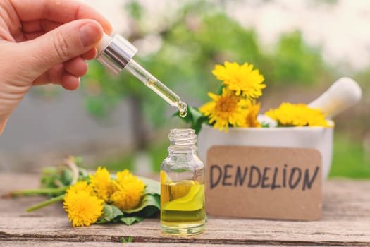 Dandelion extract and homeopathic supplements. Selective focus. nature.
