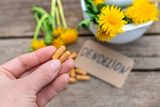 Dandelion extract and homeopathic supplements. Selective focus. nature.