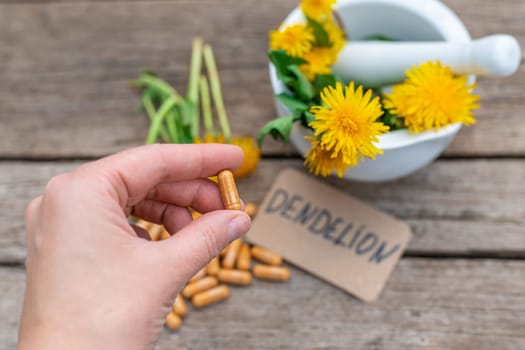 Dandelion extract and homeopathic supplements. Selective focus. nature.